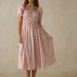 VIRGIO Pink Cotton Floral Short Sleeves Dress-image-68