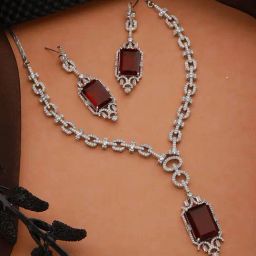 Saraf RS Jewellery Silver Toned CZ Studded Red Ruby Designer Jewellery Set-34