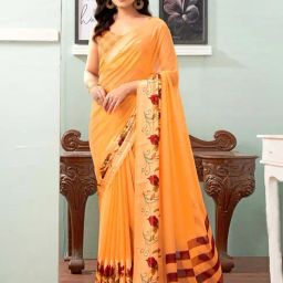 Satrani Orange Floral Print Saree With Unstitched Blouse-picture-21