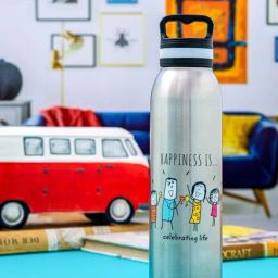 Servewell Oslo Silver & White Stainless Steel Happiness Is Printed Vacuum Bottle (0.72 L)-45
