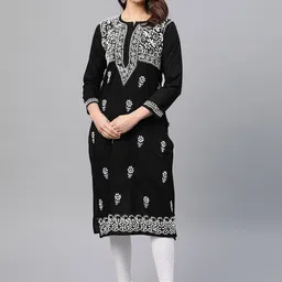 ADA Women Black & White Chikankari Embroidered Straight Sustainable Handloom Kurta-22