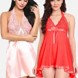 FIMS: Fashion is my Style Red & Pink Lace Work Babydoll With Thong-image-59