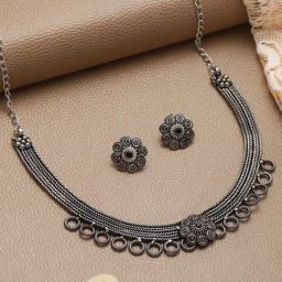 Aatmana Oxidised Silver-Tone Black Stone Studded Floral Necklace Set for Women-5
