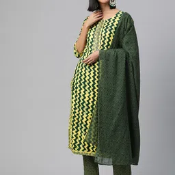 Readiprint Fashions Abstract Printed Mirror Work Kurta with Trousers & Dupatta image 1
