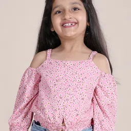 KiddoPanti Floral Print Cold-Shoulder Georgette Crop Top-image-5