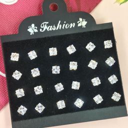 NAVJAI Gold-Toned & Clear Pair Of 12 Stone Square Stud Earrings-image-87