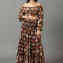 SHOWOFF Black & Brown Printed Crop Top With Skirt-image-43