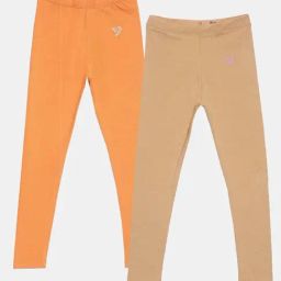 TWIN BIRDS Kids Orange & Beige Cotton Regular Fit Leggings (Pack of 2)-picture-13