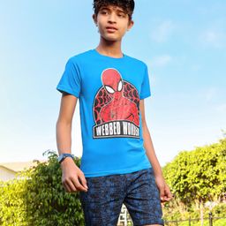 Pine Kids Bio-Washed Half Sleeves Cotton Shorts Set Marvel Spiderman Printed - Blue-image-42