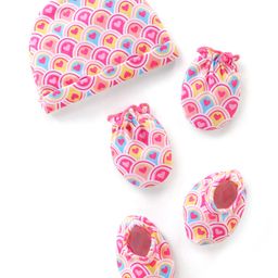 Babyhug 100% Cotton Interlock Knit Cap Mittens & Booties Set with Heart Print - Pink-3