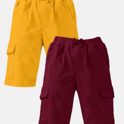 Kiddopanti Pack Of 2 Solid Knee Length Cargo Shorts - Mustard & Wine-image-70