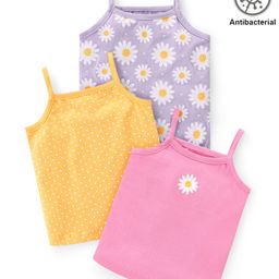 Babyhug 100% Cotton Single Jersey Knit Sleeveless Antibacterial Slips With Floral & Polka Dot Print Pack Of 3 - Purple Pink & Yellow-image-85