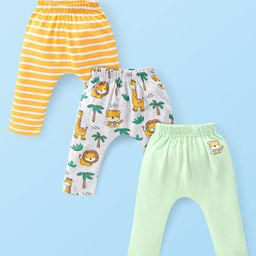 Babyhug Cotton Knit Interlock Full Length Diaper Leggings With Striped & Lion Print Pack Of 3 - Yellow Grey & Green-image-86