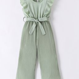 Kookie Kids Frill Sleeves Solid Colour Jumpsuit with Pleated Design  - Green-image-14