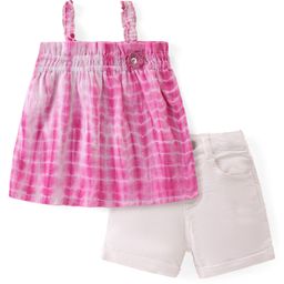 Babyhug Cotton Woven Sleeveless All Over Printed Singlet Top & Denim Shorts Set - Pink & White-image-22