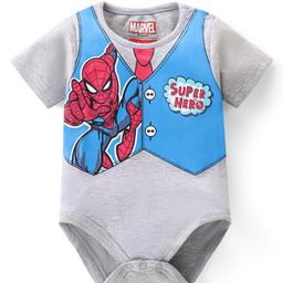 Babyhug Marvel Interlock Knit Half Sleeves Onesie With Spider Man Print - Grey-image-11