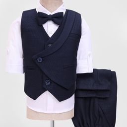 Robo Fry Woven Full Sleeves Solid 3 Piece Party Suit With Bow - Navy Blue-picture-40