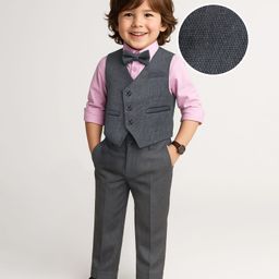 Mark & Mia Full Sleeves Solid Colour Textured 3 PieceParty Suit with Bow - Charcoal Grey & Pink-image-51