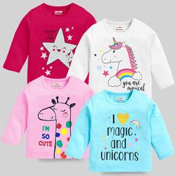 KUCHIPOO Pack Of 4 Full Sleeves Unicorn & Star Printed Cotton T Shirts - Multi Colour-image-2