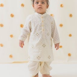 Tiber Taber Cotton Full Sleeves Floral Embroidered Dhoti Kurta Set - Cream-image-65