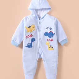 Child World Interlock Knit Full Sleeves Hooded Striped Dino Embroidered Footed Sleep Suit - Light Blue-picture-5
