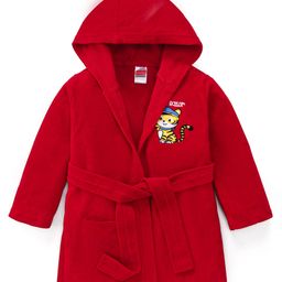 Babyhug Terry Knit Full Sleeve Hooded Bathrobe With Elastic At Waist & Animal Embroidery - Red-image-47