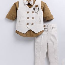 LITTLE COLLARS Full Sleeves Ribbed Coordinating Three Piece Party Suit Set With Bow & Brooch - Beige-image-43