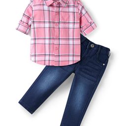 Babyhug Cotton Woven Full Sleeves Checkered Shirt & Solid Denim Jeans - Pink & Blue-image-87