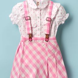 ToffyHouse Cotton Woven Half Sleeves Top & Skirt Set With Star & Checks Print - Pink-image-36