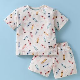 CUCUMBER Sinker Knit Half Sleeves Shorts Night Suit with Crayons Print - Cream-image-90