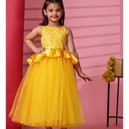 Toy Balloon Kids Net Sleeveless Floral Applique & Glitter Printed Flared Dress - Yellow-image-92