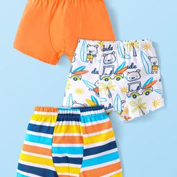 Babyhug 100% Cotton Knit Trunks with Stripes & Beach Theme Print Pack of 3 - Orange & White-image-17