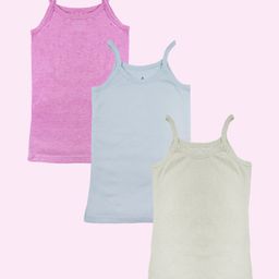 Kiddopanti Cotton Pack Of 3 Sleeveless Solid Camisoles - Blue Cream Melange & Pink Melange-image-3