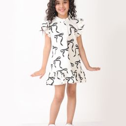 Anthrilo Cotton Flutter Sleeves Bows Printed Dress - Off White-image-61