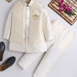 Ahhaaaa Silk Blend Full Sleeves Solid Kurta & Pant With Floral Embroidered Jacket Set - Cream-image-76