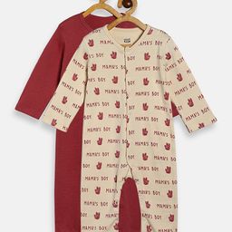MINI KLUB Cotton Pack Of 2 Full Sleeves Typography Printed Rompers - Maroon & Pink-image-74