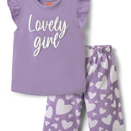 Babyhug Cotton Knit Frill Sleeves Capri Night Suit With Hearts Prints - Lavender-image-110