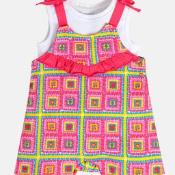 MINI KLUB Cotton Knit Abstract Printed Dungaree With Sleeveless Top - Pink-image-64