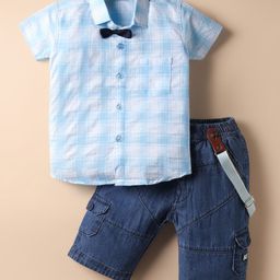Dapper Dudes Half Sleeves Checked Shirt & Shorts With Suspender & Bow Set - Blue-picture-28