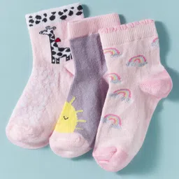 Mustang Knitter Ankle Length Socks with Animal Sun & Rainbow Design Pack of 3 - Light pink & Lavender-picture-5