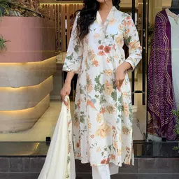 KERI PERRY Floral Printed V-Neck A-Line Kurta With Palazzos & Dupatta-5