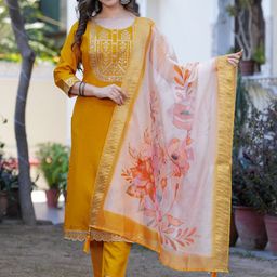HETVI CREATION Floral Yoke Design Round Neck Straight Kurta With Trousers & Dupatta-image-65