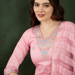 Sangria Pink Floral Embroidered Mirror Work V-Neck Straight Kurta With Trousers & Dupatta-picture-46