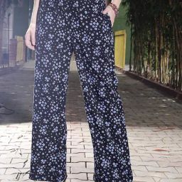 Sera Black & Blue Floral Print Flared Fit Mid Rise Trousers-picture-35
