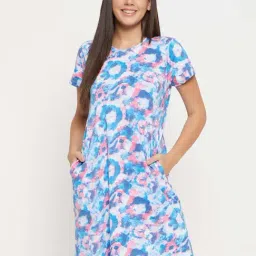 Clovia Blue Cotton Printed Night Dress-image-20