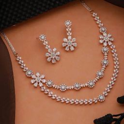 Saraf RS Jewellery Silver Toned CZ Studded 2 Line Floral Jewellery Set-79