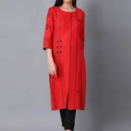 W Women Red Geometric Print Cotton Blend Straight Kurta-image-5