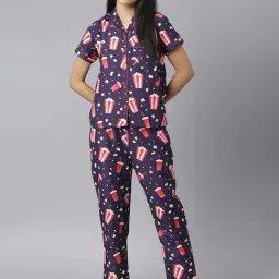 StyleStone Navy Popcorn Print Shirt With Pyjamas-image-88