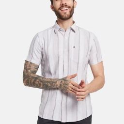 Mettle Brown Cotton Regular Fit Striped Shirt-image-8