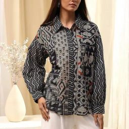Biba Black & Beige Cotton Printed Shirt-image-56